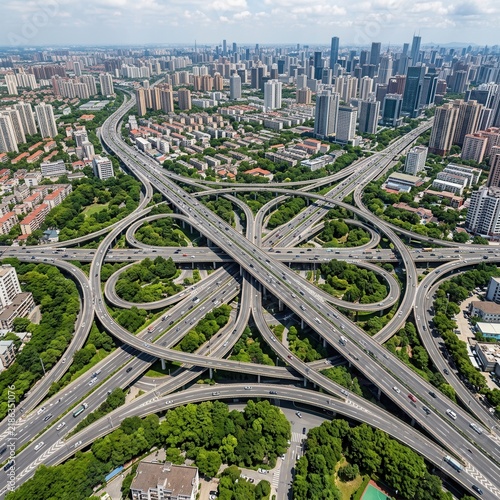Breathtaking Aerial View Of A Massive City Highway Interchange And Skyline
