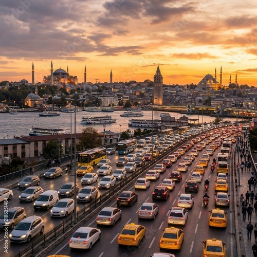Bustling City Traffic Overlooking Iconic Skyline At Sunset