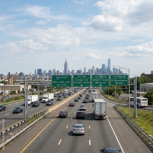 Bustling Highway Leads To Iconic New York City Skyline Under Blue Sky