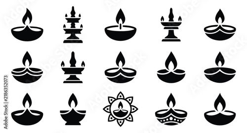A collection of black silhouette icons featuring various traditional oil lamps used during the hindu festival of diwali