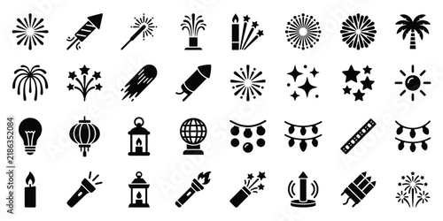 Set of black and white diwali festival icons featuring fireworks lanterns lights and celebration elements for holiday graphic design
