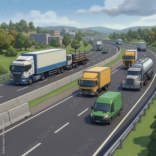Busy Highway Logistics With Diverse Trucks And Vans In Motion