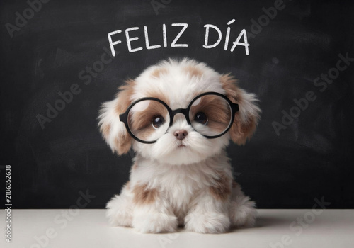 Cachorro tierno con anteojos y mensaje Feliz Día en pizarra para el Día del Maestro