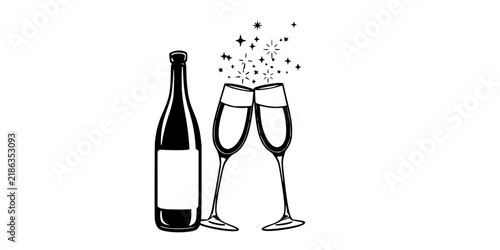 Wine bottle and champagne glasses set with minimalist black and white vector illustration featuring star and sparkle accents, wine bottle, champagne glasses with bold contrasts and clean lines