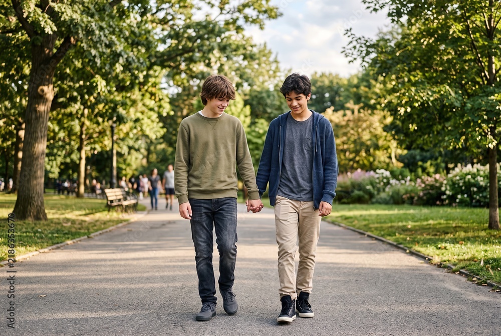 Fototapeta premium Two teenagers hold hands while walking along a path in the park. People are visible in the background enjoying the sunny day. It is summer break and they seem to be having fun