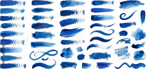 Blue Watercolor Brush Stroke Collection, Hand Painted Ink Marks, Swashes and Artistic Texture Elements