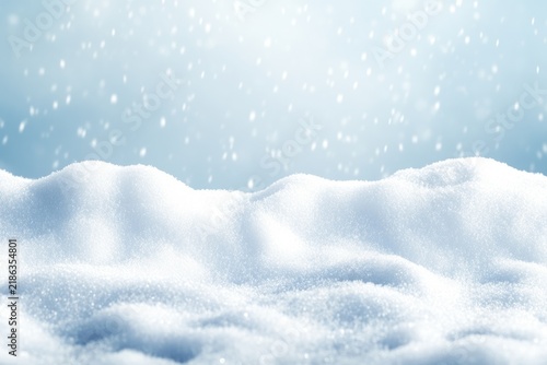 Winter Snowscape: Gentle snowflakes drift down upon soft, undulating snowdrifts, creating a serene and picturesque winter wonderland bathed in ethereal light.