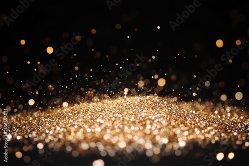 Golden Glitter Particles Descending: A breathtaking cascade of shimmering golden glitter particles falls and settles on a dark, reflective surface, creating a magical and celebratory atmosphere.