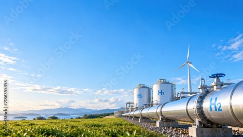 Green Hydrogen Pipeline and Storage Tanks with Wind Turbine and Copy Space