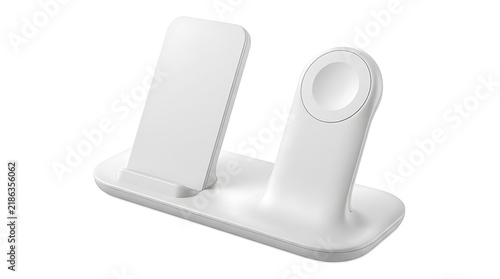 White wireless charging station for smartphone and smartwatch on white