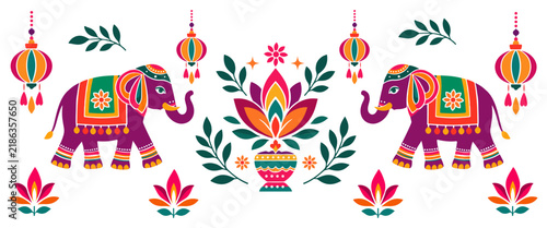 Diwali element set in trendy geometric style with diya lamp, mandala, lanterns, fireworks and elephant. Indian festival of lights. Vector template for greeting card, poster, banner, holiday decor.