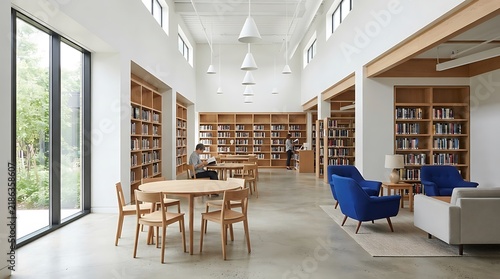 Modern public library interior photo with bookshelves, reading tables, large windows, and comfortable blue chairs