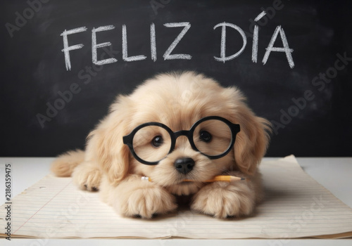 Cachorro tierno con anteojos y lapiz en la boca con mensaje Feliz Día en pizarrón para el Día del Maestro