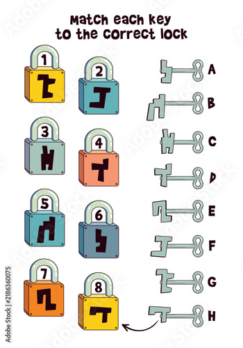 Educational logic puzzle for kids. Match each key with the correct lock by shape. Fun activity to develop attention and thinking skills for children. Spot it