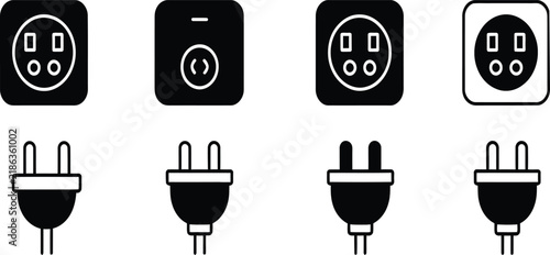 Electric, a set of minimalist vector icons featuring various electrical sockets and plugs in solid and outline styles.