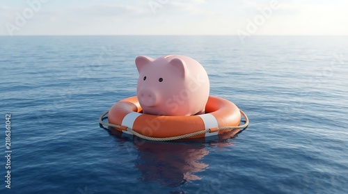 Piggy bank in a life buoy floating in the ocean 3d render concept of financial rescue and saving money