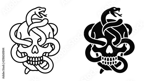Bild auf Leinwand Skull and Serpent Symbol: A striking symbol featuring a skull entwined with a serpent, rendered in both line art and silhouette for versatility