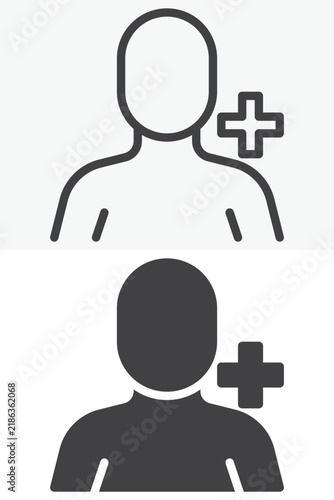 Add user icon set with person profile and plus sign. Line outline and solid icon in different style, editable stroke vector sign and symbol for account actions.