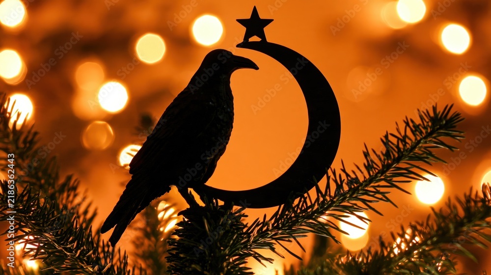 Obraz premium Silhouette of a raven perched on a crescent moon with a star topper