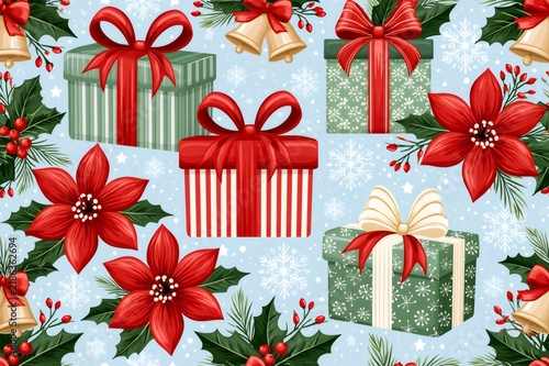 Christmas seamless pattern with gift boxes and poinsettia