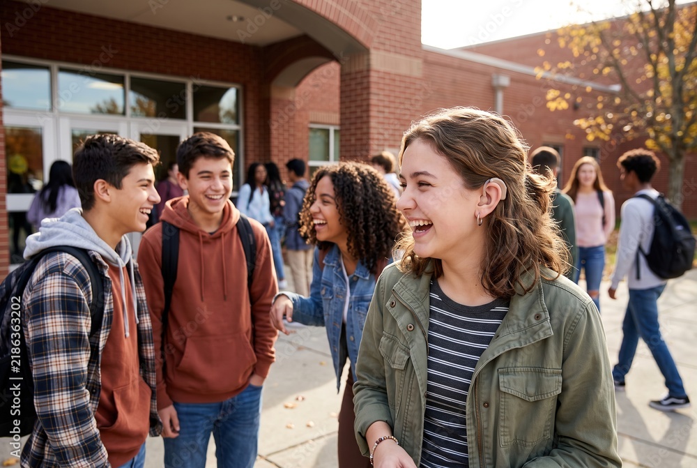 Obraz premium A group of teenagers is laughing and talking together outside their school. The sun is shining, and other students can be seen walking in the background. It is daytime and a busy school day