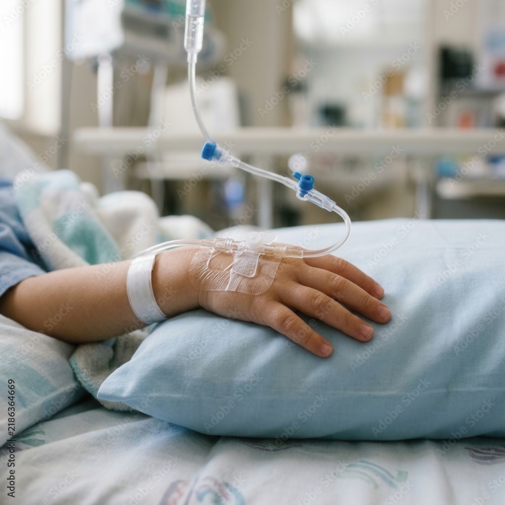 Fototapeta premium Child Patient Receiving Intravenous Therapy In Hospital Bed Close Up