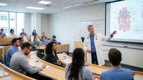 Medical Professor Lecturing Students On Cardiology In A Modern Classroom Setting