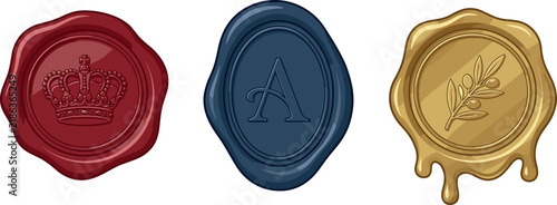 Wax Seals Set with Crown, Letter A, and Leaf Motifs Featuring Seal, Motif