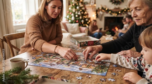 Multigenerational family enjoying a Christmas puzzle together, capturing an intimate holiday moment of connection without showing faces.