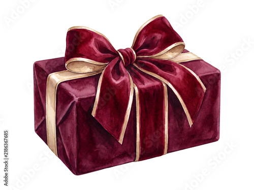 Watercolor illustration of a gift box wrapped in deep red paper and a matching satin bow with celebration birthday surprise decorative
