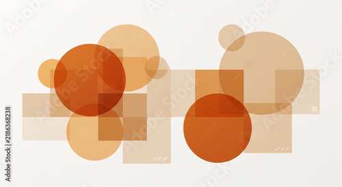 Abstract Geometric Composition Featuring Overlapping Transparent Circles and Squares in Warm Earthy Orange and Brown Tones