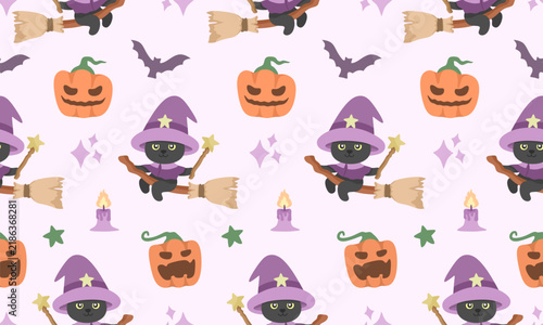 Cute Halloween Seamless Pattern with Witch Cats Pumpkins Bats and Broomsticks in Purple and Orange 
