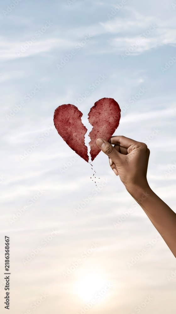 Fototapeta premium Hand holding a crumbling broken heart against sky