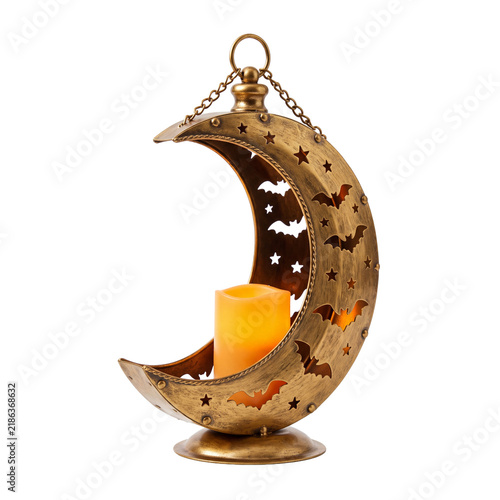 Whimsical Halloween mushroom lantern character with crescent moon silhouette, glowing orange accents and carved face charm