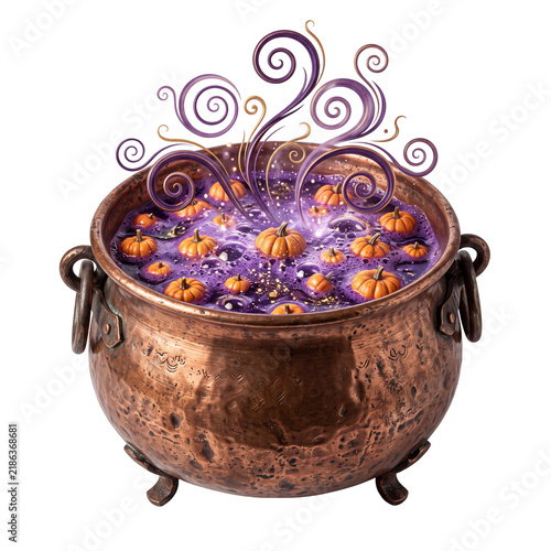 A magical copper cauldron bubbling with purple potion and small orange pumpkins for a spooky Halloween celebration isolated on a white background