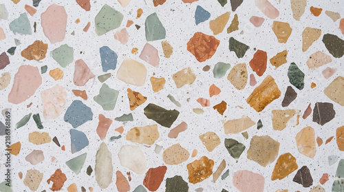 Modern Terrazzo Pattern Texture with Colorful Stone Fragments in White Concrete Background for Interior Design Backdrop