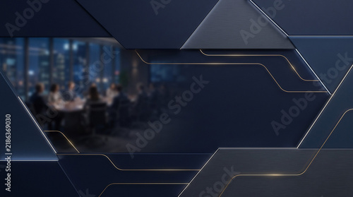 Modern Professional Business Meeting Background Frame with Sleek Geometric Metallic Accents and Blurred Corporate Executive Boardroom Setting