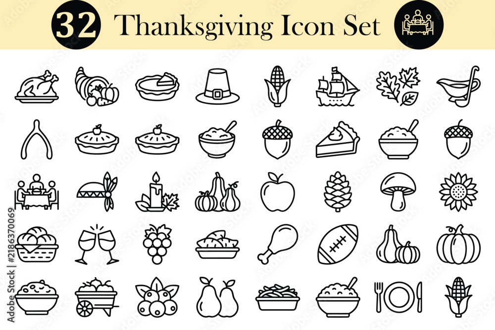 Fototapeta premium Thanksgiving icon set featuring traditional food and holiday symbols