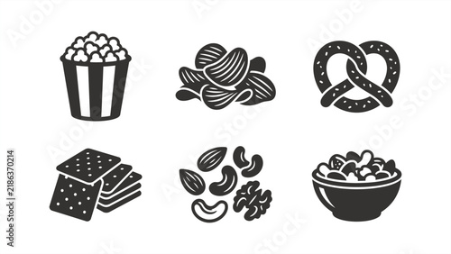 Obraz na plátně Assorted snack icons set: popcorn, chips, pretzels, crackers, mixed nuts, and a bowl of snacks