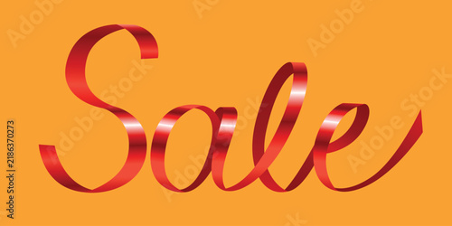 Sale text in red ribbon. Luxurious trendy pink lettering word