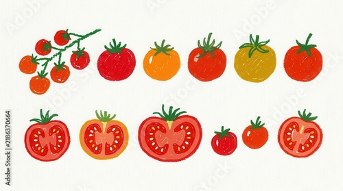 Hand-drawn Tomato Illustration Set with Cherry, Whole, and Sliced Tomatoes in Crayon Style on White Background