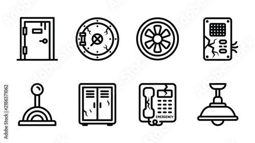 Set of Icons: A collection of line art icons representing various objects, including a door, vault, fan, switchboard, lever, locker, telephone, and light fixture.