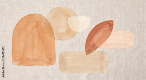 Abstract watercolor terracotta shapes on beige linen texture background