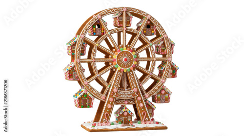 Edible Gingerbread Carnival Ferris Wheel with Miniature Houses and Candy Decorations PNG Isolated on transparent background