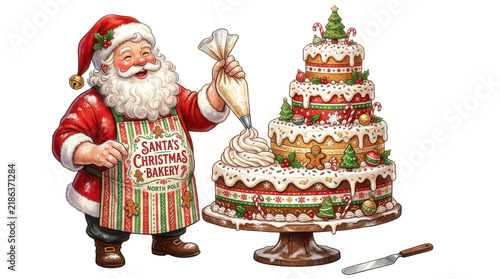 Santa Claus decorating a festive Christmas cake with frosting from a piping bag PNG Isolated on transparent background