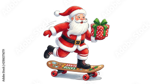 Santa Claus riding a skateboard with a gift for Christmas PNG Isolated on transparent background
