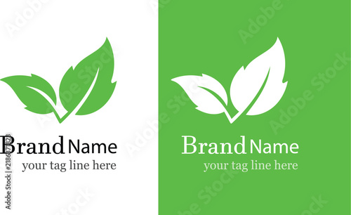 Green leaf sprout vector logo template with paired leaves for eco nature organic branding and corporate identity EPS