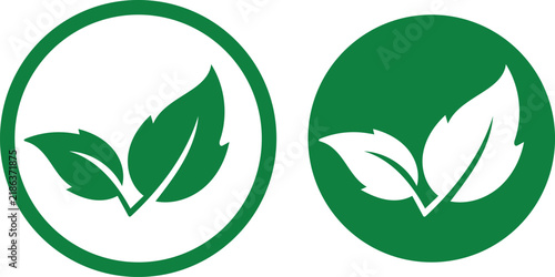 Green round leaf vector icon set with twin plant sprout symbols in circular badge button style EPS