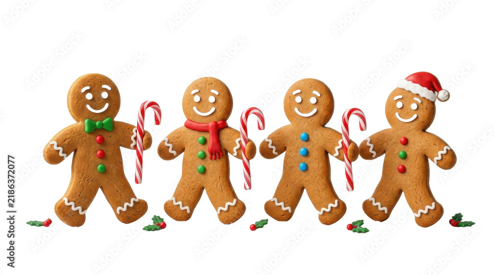 Fototapeta premium Four cheerful gingerbread men cookies with candy canes and festive decorations for Christmas PNG Isolated on transparent background