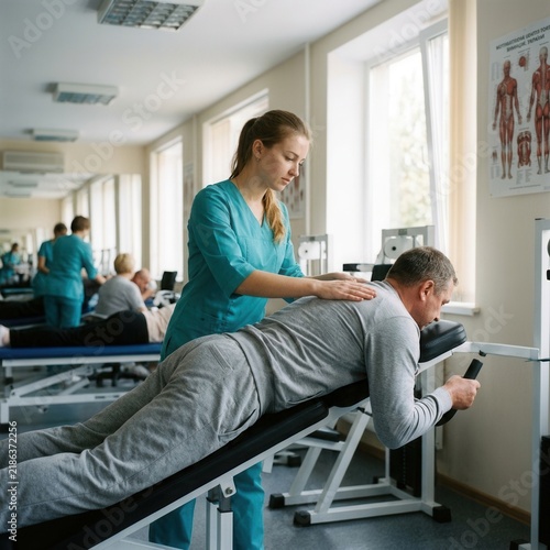 Physical Therapist Assisting Patient With Back Treatment In Clinic Setting